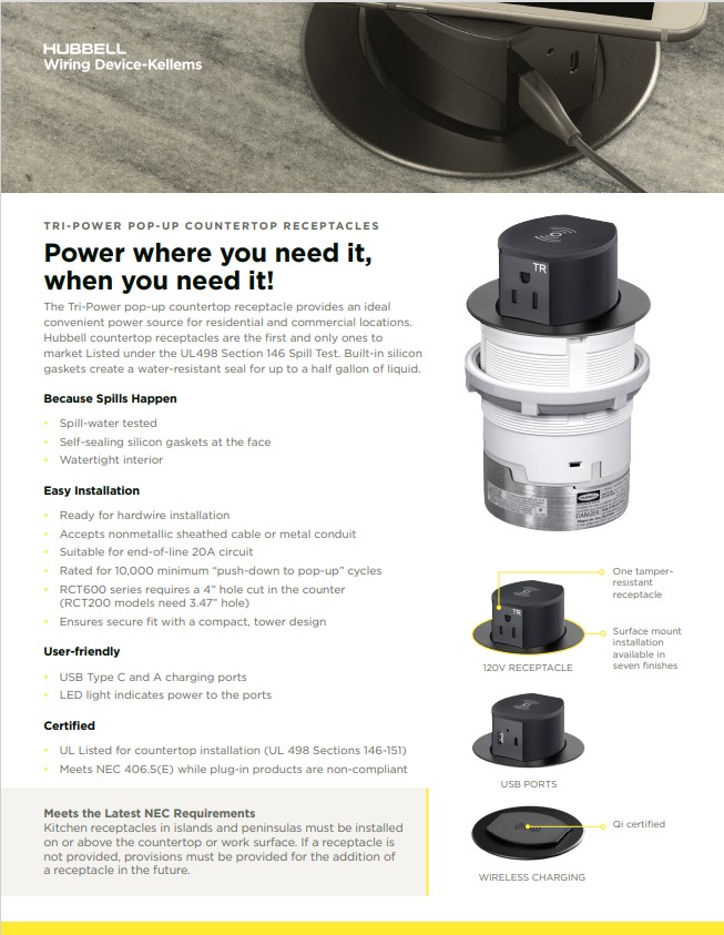 Tripower Tri-Power Pop-Up Countertop Receptacles