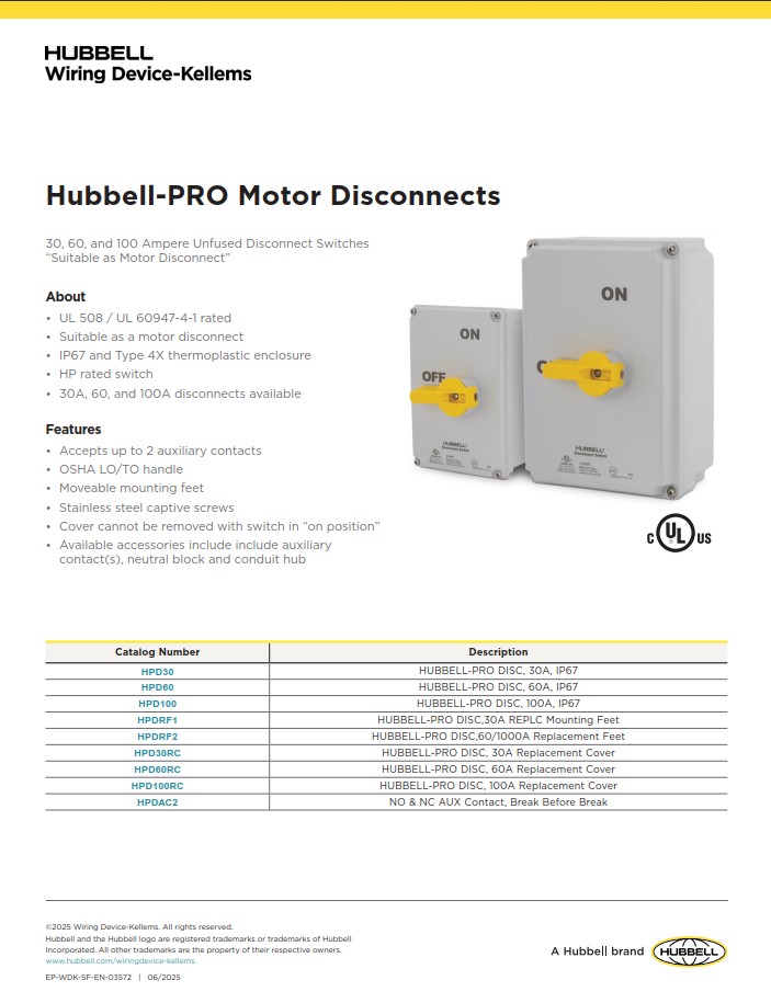 hubbell pro WDK Hubbell-PRO Motor Disconnects